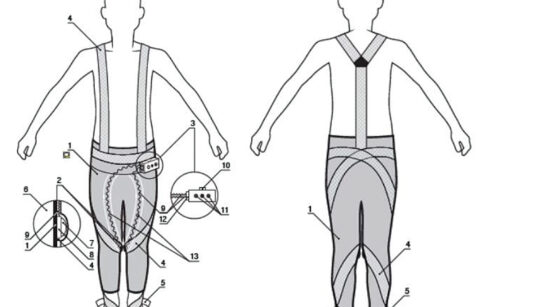 Joonis 2. Esialgse disainiga elastsete survekomponentidega retuusid. 1 – elastsest materjalist rõivaese; 2 – surve mehhanism; 3 – registraator; 4 – elastsest materjalist lindid, mis omavad pinguse reguleerimise vahendit; 5 – lindi pingust reguleeriv vahend; 6 – kehaosa; 7 – sfäärisegmendi kujuline surve suurust reguleeriv mehhanism; 8 – elektromehaaniline andur; 9 – juhtmed, mis ühendavad elektromehaanilisi andureid registraatoriga; 10 - lüliti; 11 - valgus- või heliindikaatorid; 12 - juhtmete 9 pistikupesad; 13 – taskud juhtmetele ja anduritele.