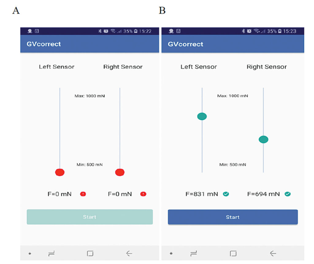 Joonis 4. Nutirakendusega surve tugevuse jälgimine reaalajas; A surve tugevus ei ole piisav, B surve on õiges vahemikus ja võib rakenduse käivitada.