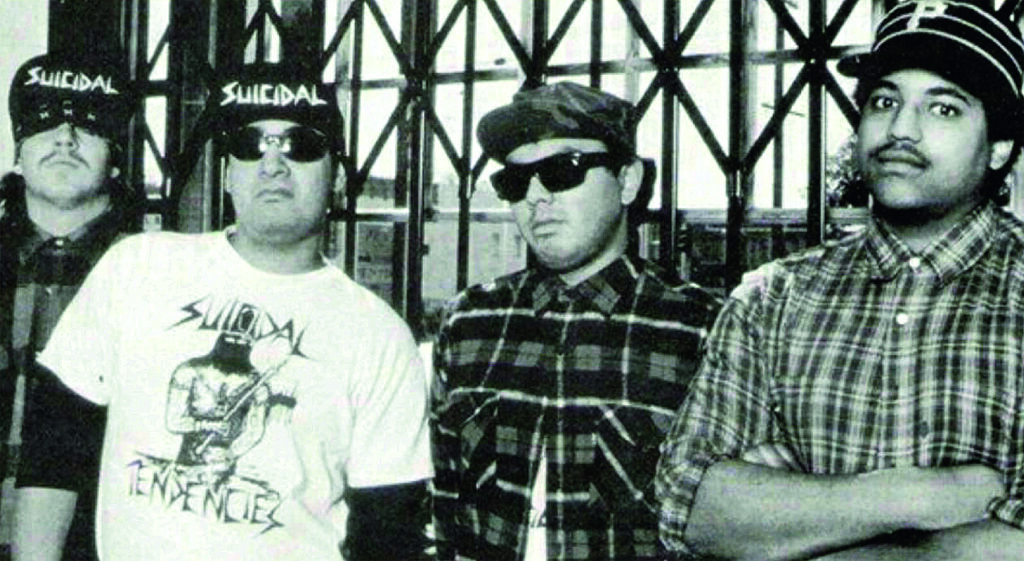 SUICIDAL TENDENCIES (1987). Mike Muir vasakult esimene. Allikas: www.reddit.com/r/OldSchoolCool/comments/rffq30/suicidal_tendencies_1987/